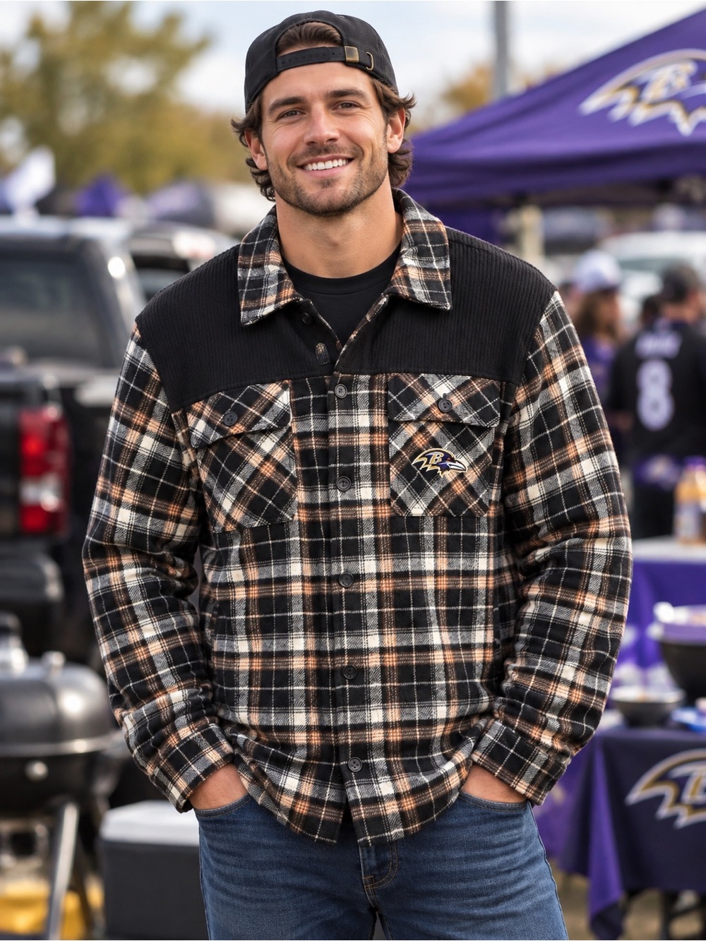 🆕 Baltimore Ravens NFL Men’s Plaid Quilted Shacket Jacket Size L NWT
